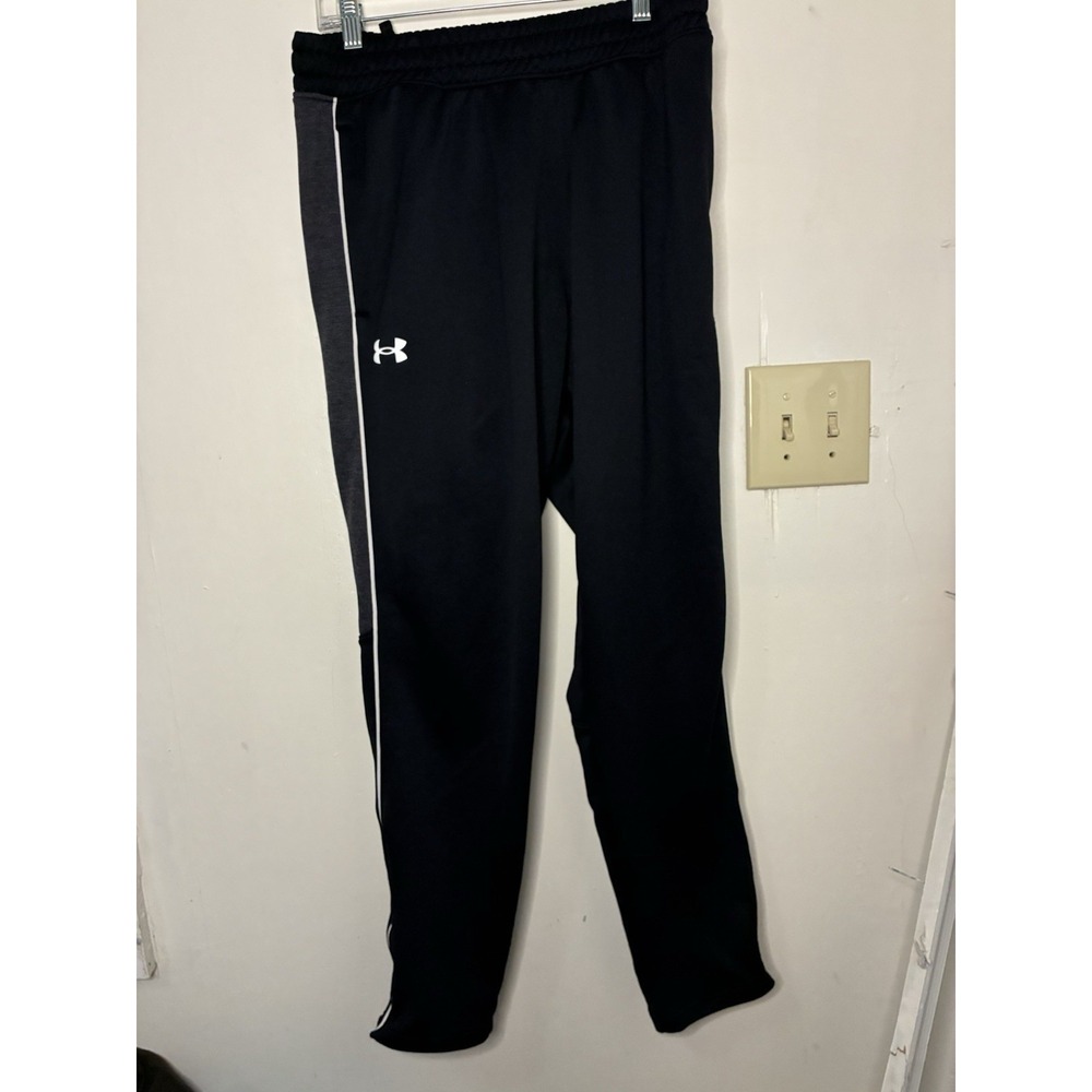 Under Armour Track Pants Mens Large Black White Piping Heather Grey Panel Fleece